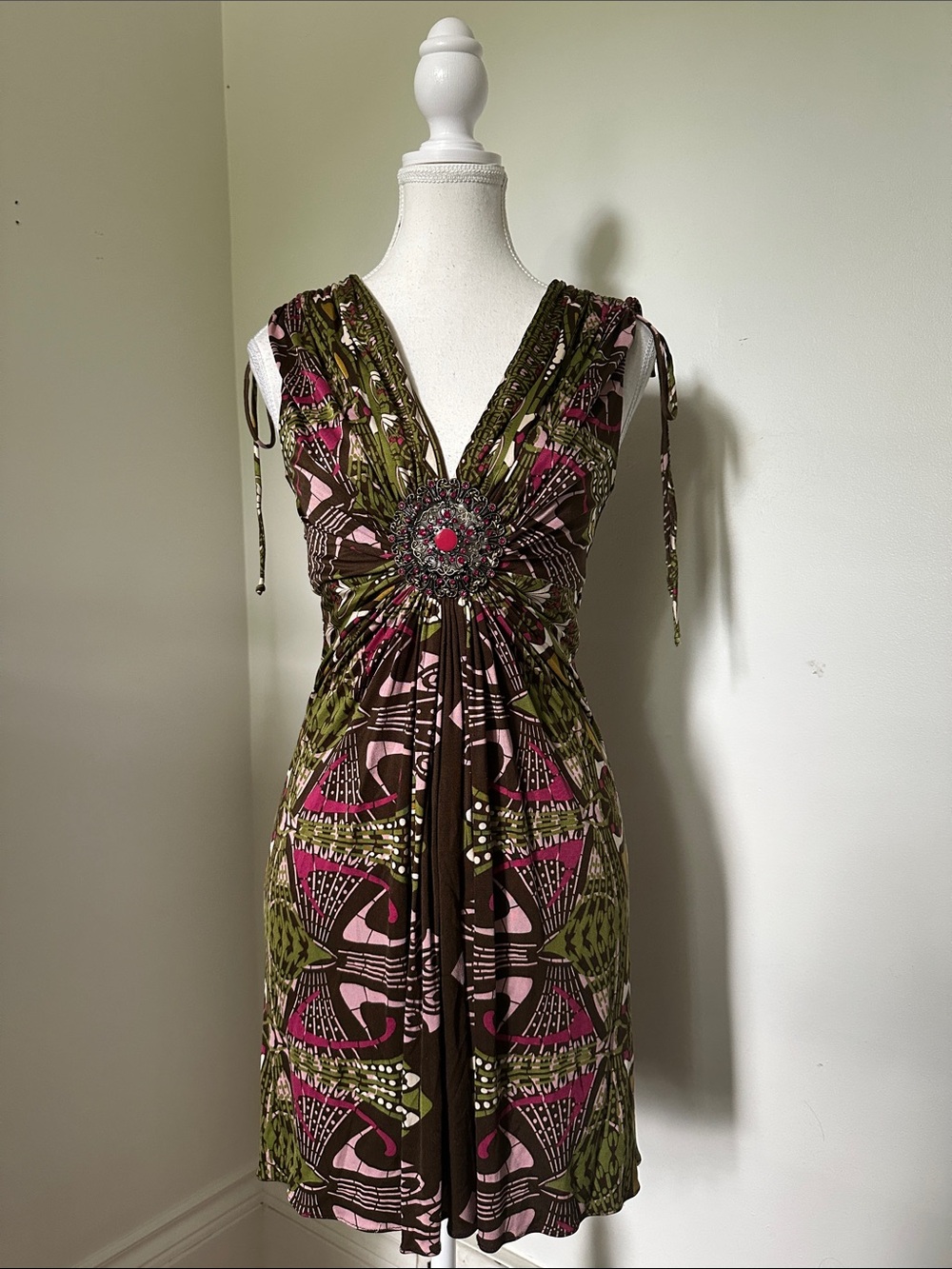 SKY Vintage 100% Silk Tropical Vacation Y2K Miami Beach Ruched Mini Dress Small